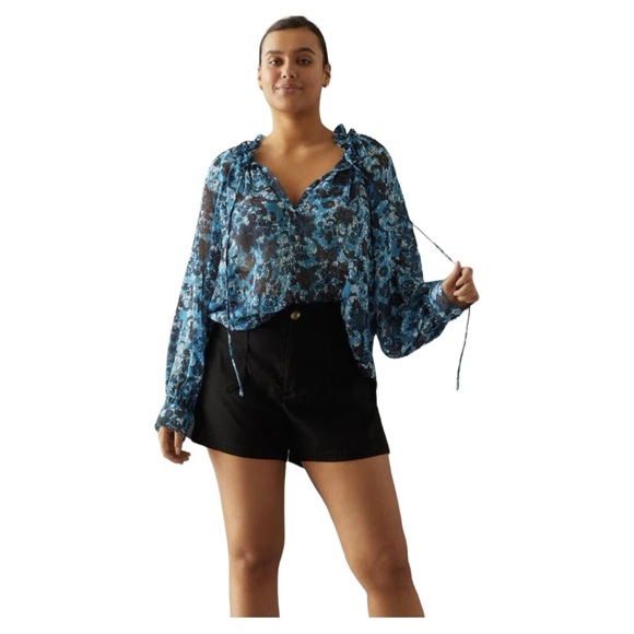 Anthropologie Chiffon Blouse Blue Floral Long Sleeve V-Neck size S - Picture 2 of 12
